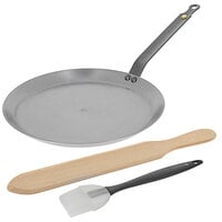 de Buyer Mineral B Element 10 1/4 inch Carbon Steel Crepe Pan with Wood Spatula and Silicone Brush 5615.01