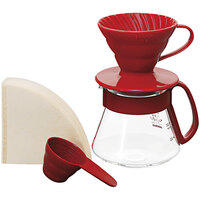 Hario V60 Size 01 Red Porcelain Coffee Dripper, Glass Server, Measuring Spoon, and Filters VDS-3012R