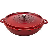 GET Heiss 7.5 Qt. Red Enamel Coated Cast Aluminum Round Brazier / Paella Pan with Lid CA-015-R/BK/CC