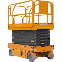 EKKO 45 1/4" x 88 9/16" Battery-Powered Drivable Compact Scissor Lift Work Platform with Guard Rails and 32 13/16' Working Height ES100E - 700 lb. Capacity