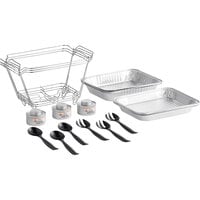 Choice 18 Piece 1/2 Size Disposable Serving / Chafer Dish Kit with (3) Wire Stands, (3) Deep Pans, (3) Standard Pans, (3) 4 Hour Wick Fuels, and (6) Utensils