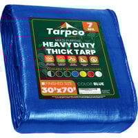 Tarpco Safety 30' x 70' Blue Heavy-Duty Weatherproof 7 Mil Poly Tarp with Reinforced Edges