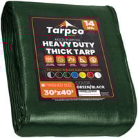 Tarpco Safety 30' x 40' Green / Black Extra Heavy-Duty Weatherproof 14 Mil Poly Tarp with Reinforced Edges