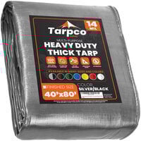 Tarpco Safety 40' x 80' Silver / Black Extra Heavy-Duty Weatherproof 14 Mil Poly Tarp with Reinforced Edges
