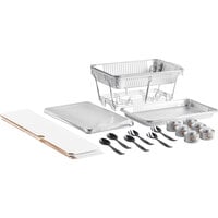 Choice 27 Piece Full Size Disposable Serving / Chafer Dish Kit with (3) Wire Stands, (3) Deep Pans, (3) Shallow Pans, (3) Lids, (3) Wind Guards, (6) 4 Hour Wick Fuels, and (6) Utensils
