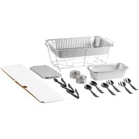 Choice 20 Piece Full Size Disposable Serving / Chafer Dish Kit with a Wire Stand, Deep Pan, (3) 1/3 Size Deep Pans, (3) 1/3 Size Lids, Wind Guard, (2) 4 Hour Wick Fuels, and (9) Utensils