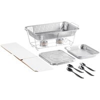 Choice 13 Piece Full Size Disposable Serving / Chafer Dish Kit with a Wire Stand, Deep Pan, (2) 1/2 Size Shallow Pans, (2) 1/2 Size Lids, Wind Guard, (2) 4 Hour Wick Fuels, and (4) Utensils