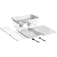Choice 9 Piece Full Size Disposable Serving / Chafer Dish Kit with a Wire Stand, Deep Pan, Shallow Pan, Lid, Wind Guard, (2) 4 Hour Wick Fuels, and (2) Utensils