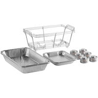 Choice 15 Piece Full Size Disposable Chafer Dish Kit with (3) Wire Stands, (3) Deep Pans, (3) Shallow Pans, and (6) 4 Hour Wick Fuels