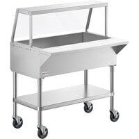 ServIt CFT3KA Stainless Steel 3 Pan Ice-Cooled Food Table with Angled Sneeze Guard and 5 inch Casters