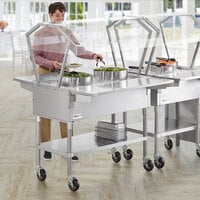 ServIt CFT3KTS Stainless Steel 3 Pan Ice-Cooled Food Table with 2-Sided Sneeze Guard, Side Trays, and 5 inch Casters