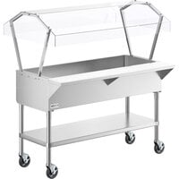 ServIt CFT4KB Stainless Steel 4 Pan Ice-Cooled Food Table with 2-Sided Sneeze Guard and 5 inch Casters