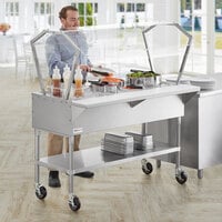 ServIt CFT4KB Stainless Steel 4 Pan Ice-Cooled Food Table with 2-Sided Sneeze Guard and 5 inch Casters