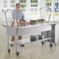 ServIt CFT5KTS Stainless Steel 5 Pan Ice-Cooled Food Table with 2-Sided Sneeze Guard, Side Trays, and 5 inch Casters