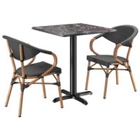 Lancaster Table & Seating Excalibur Bistro Series 27 1/2" Square Paladina Standard Height Table with 2 Black Arm Chairs