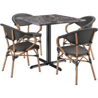 Lancaster Table & Seating Excalibur 36 inch Square Paladina Standard Height Table with 4 Black French Bistro Arm Chairs