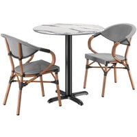Lancaster Table & Seating Excalibur Bistro Series 31 1/2" Round Versilla Standard Height Table with 2 Black and White Arm Chairs