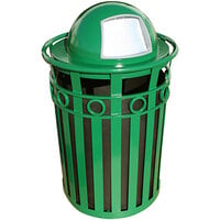Witt Industries M3600-R-DT-GN Oakley 36 Gallon Green Steel Round Outdoor Decorative Waste Receptacle with Push Door Dome Top Lid and Ring Accent Band