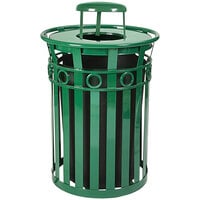 Witt Industries M3600-R-RC-GN Oakley 36 Gallon Green Steel Round Outdoor Decorative Waste Receptacle with Rain Cap Lid and Ring Accent Band