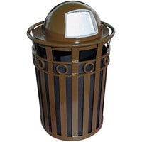Witt Industries M3600-R-DT-BN Oakley 36 Gallon Brown Steel Round Outdoor Decorative Waste Receptacle with Push Door Dome Top Lid and Ring Accent Band