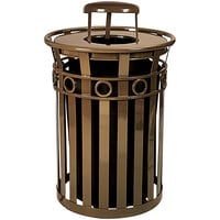 Witt Industries M3600-R-RC-BN Oakley 36 Gallon Brown Steel Round Outdoor Decorative Waste Receptacle with Rain Cap Lid and Ring Accent Band
