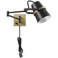 Globe Industrial Matte Black / Antique Brass Plug-In or Hardwire Wall Sconce with Swing Arm - 120V, 60W