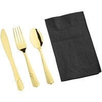 Visions Heavy Weight Elegant Gold Cutlery Set with Black Pocket Fold Dinner Napkin - 50/Case