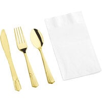 Visions Heavy Weight Elegant Gold Cutlery Set with White Pocket Fold Dinner Napkin - 50/Case