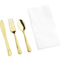 Visions Heavy Weight Elegant Gold Cutlery Set with White Linen-Feel Pocket Fold Dinner Napkin - 50/Case