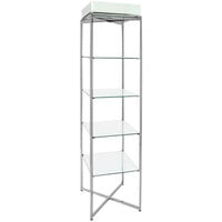 Econoco 18" x 18" x 71 11/16" Chrome 5-Shelf Folding Glass Tower with 4 Acrylic Sign Holders