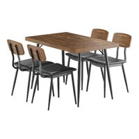 Lancaster Table & Seating Mid-Century 30" x 48" Rectangular Vintage Finish Butcher Block Standard Height Table with 4 Black Vinyl Chairs