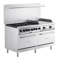 Main Street Equipment E60-G24-L Liquid Propane 6 Burner 60" Range with 24" Griddle and 2 Standard Ovens - 280,000 BTU