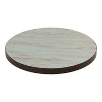 American Tables & Seating Round Double-Sided Laminate Indoor Table Top with Light Blue Wood Grain and Yangon Color Planks Style Finish