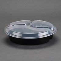 Pactiv Newspring NC9388B Black 39 oz. VERSAtainer 9" x 1 1/2" Round Microwavable 3 Compartment Container with Lid - 150/Case