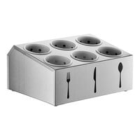 ServSense Six Hole Stainless Steel Flatware Organizer with Flatware Silhouettes and White Perforated Plastic Cylinders