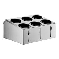 ServSense Six Hole Stainless Steel Flatware Organizer with Flatware Silhouettes and Black Perforated Plastic Cylinders