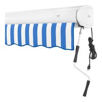 Awntech Key West Blue / White Stripe Heavy-Duty Right Motor Retractable Patio Awning with Protective Hood