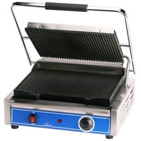 Globe GPG1410 Grooved Iron Top & Bottom Panini Sandwich Grill - 14 inch x 10 inch Cooking Surface - 120V, 1800W