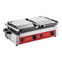 Avantco PG400GS Commercial Dual Panini Sandwich Grill with Grooved Top and Smooth Bottom Plates, and 19 5/8" x 9 1/8" Cooking Surface - 120V, 3500W