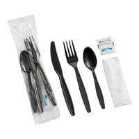 Choice Black Heavy Weight Wrapped Polystyrene Plastic Cutlery Pack with Napkin and Salt and Pepper Packets - 500/Case