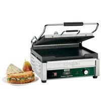 Waring WDG250T Grooved Top & Smooth Bottom Panini Sandwich Grill with Timer - 14 1/2 inch x 11 inch Cooking Surface - 120V, 1800W