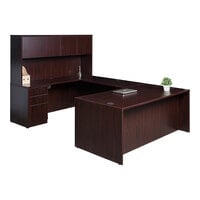 Boss Holland Series 71" Mahogany Laminate Desk Module with Hutch, Bridge, Storage Pedestal, and Credenza