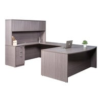 Boss Holland Series 71" Driftwood Bow Front Laminate Desk Module with Hutch, Bridge, Storage Pedestal, and Credenza