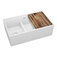 Zurn Elkay SWUF3320WH 33" x 19 15/16" White Fireclay Double Bowl Farmhouse Sink Kit with Wood Cutting Board