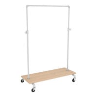 Econoco Pipeline 42 1/2" x 23 3/8" x 72" Gloss White Ballet Garment Rack with Adjustable Hangrail and Raw Oak Base Shelf