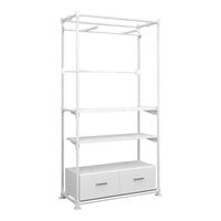 Econoco Pipeline 48" x 20" x 95 3/8" Gloss White Metal Freestanding Merchandising Unit with Faceout Garment Bars, 2 Shelves, and 2 Drawers