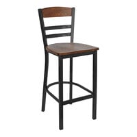 BFM Seating Barrick Sand Black Coated Steel Barstool with Autumn Ash Wood Back Panel and Seat