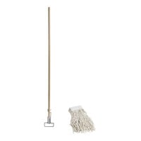 Lavex Wet Mop Kit with 24 oz. #32 Natural Cotton Cut-End Wet Mop and 60" Wooden Handle with Wire Clamp