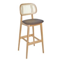 BFM Seating Emma Natural Finish Wood Barstool with Cane Back and Vinyl Seat