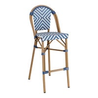 Lancaster Table & Seating Bistro Series Navy and White Chevron Weave Rattan Outdoor Side Barstool